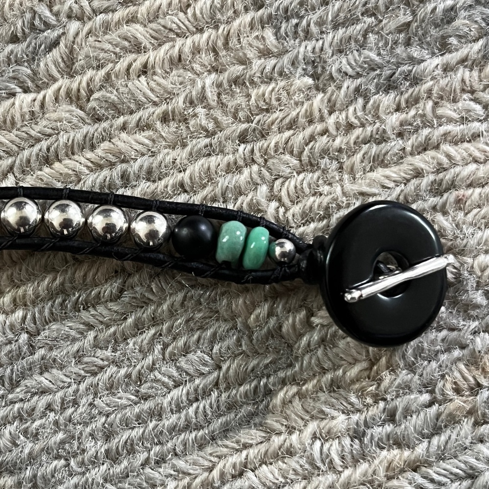 Black Leather Single Wrap Bracelet, Sterling beads W/Opal and Black Onyx